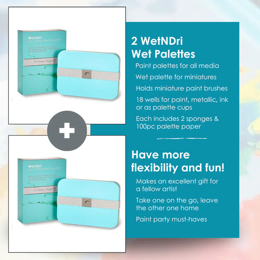 Two blue WetNDri wet palette boxes with packaging, designed for holding paint, ink, and sponges.