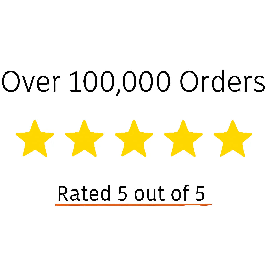 Five yellow stars with text indicating over 100,000 orders and a perfect rating.