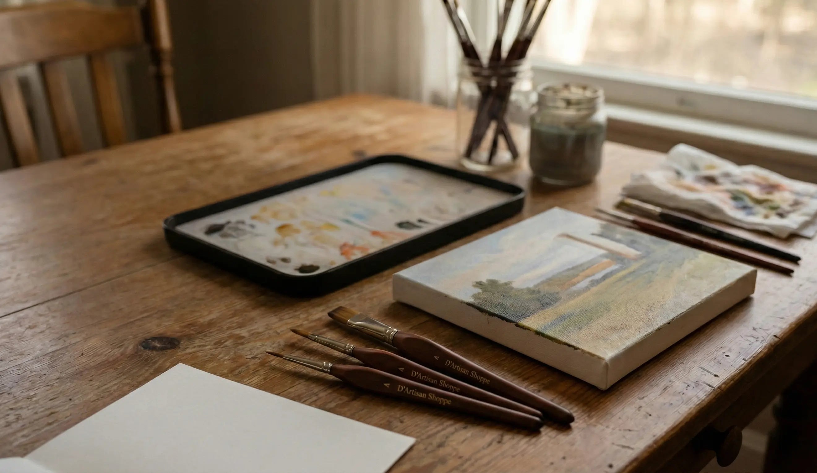 Art supplies including a paint palette, paintbrushes, and a sketchbook on a wooden table.