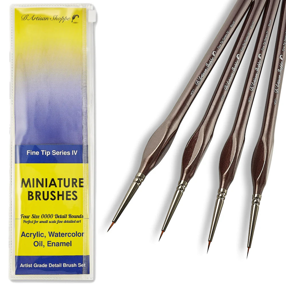 Set of miniature size 4/0 or 0000 round brushes with a packaging label on a white background