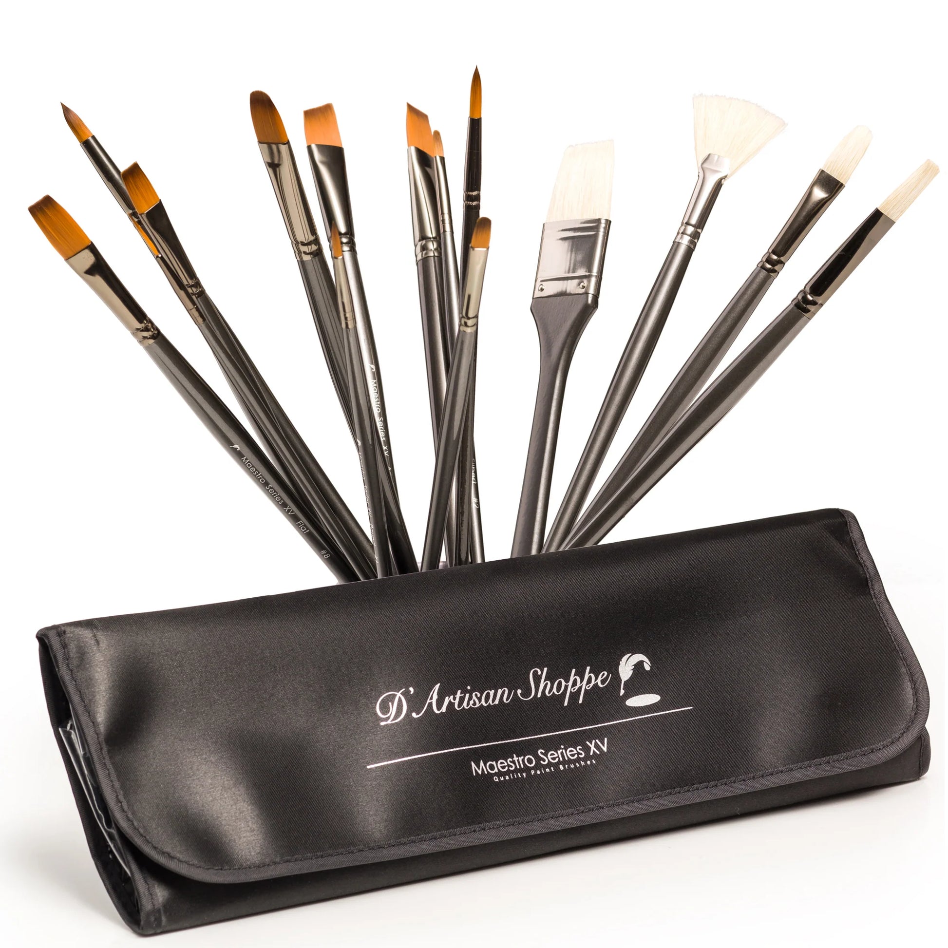 Set of Maestro Series XV brushes in a black case with 'D'Artisan Shoppe' branding on a white background
