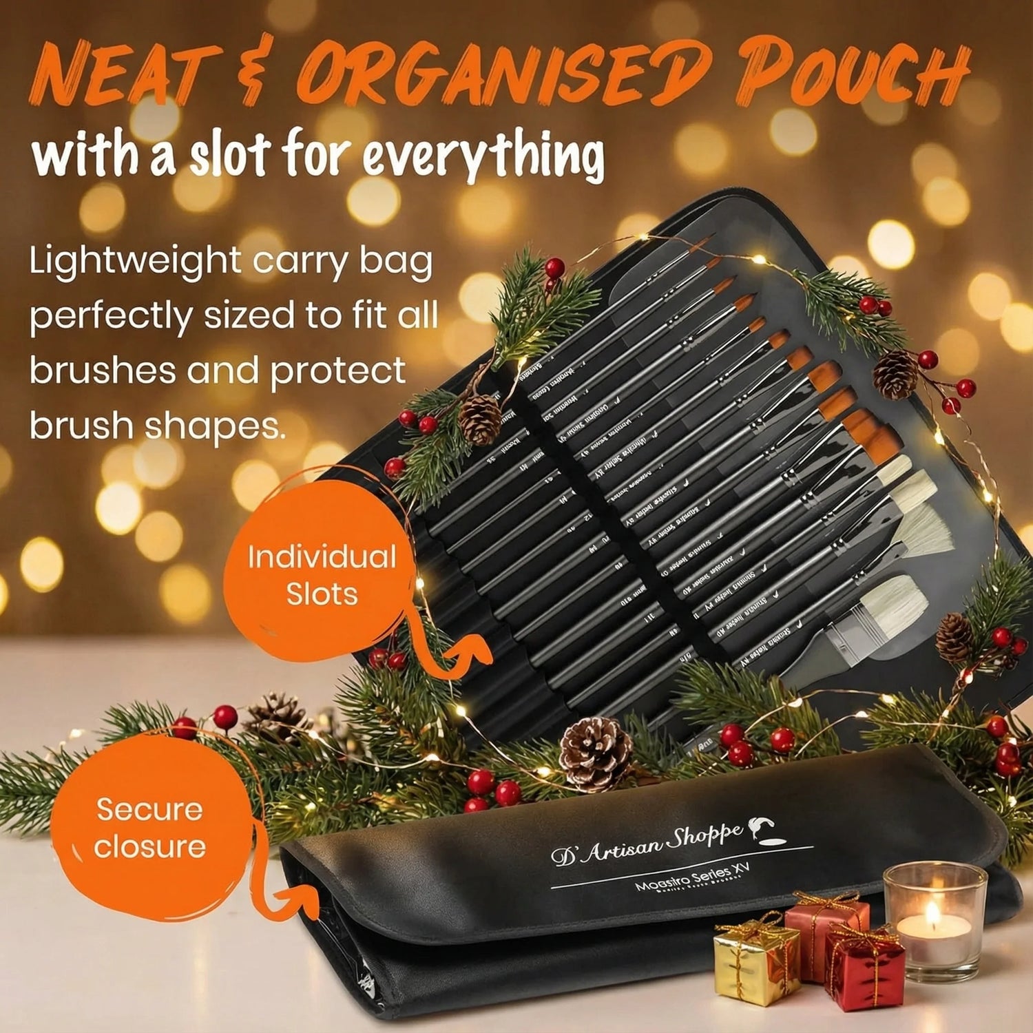 Maestro Series XV brushes in a pouch with decorative lights, and Christmas elements on a festive background.