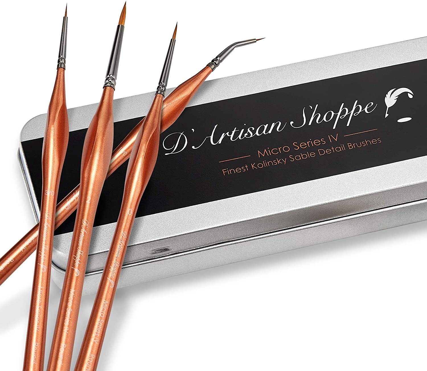 Set of Micro Series IV brushes with a D'Artisan Shoppe branded case on a white background