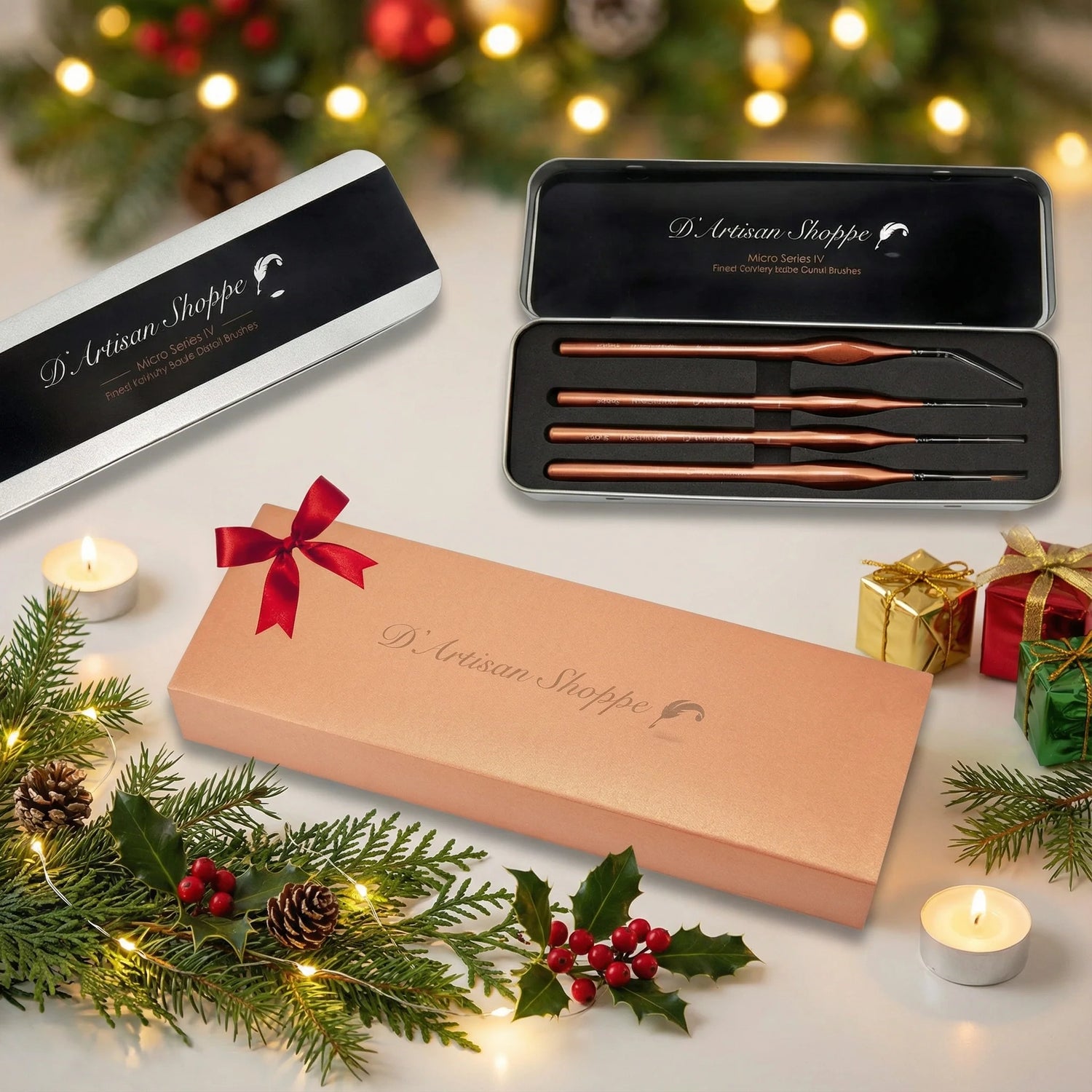 Micro Series IV brushes in a black case with a decorative box on a festive background.