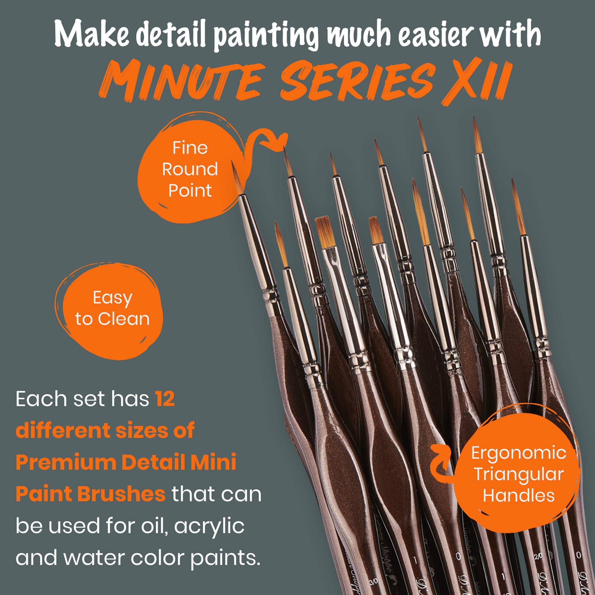 VUDECO Black Detail Paint Brush Set - 12 Piece Miniature Paint Brushes Kit  - Professional Mini Fine Paint Brushes Set
