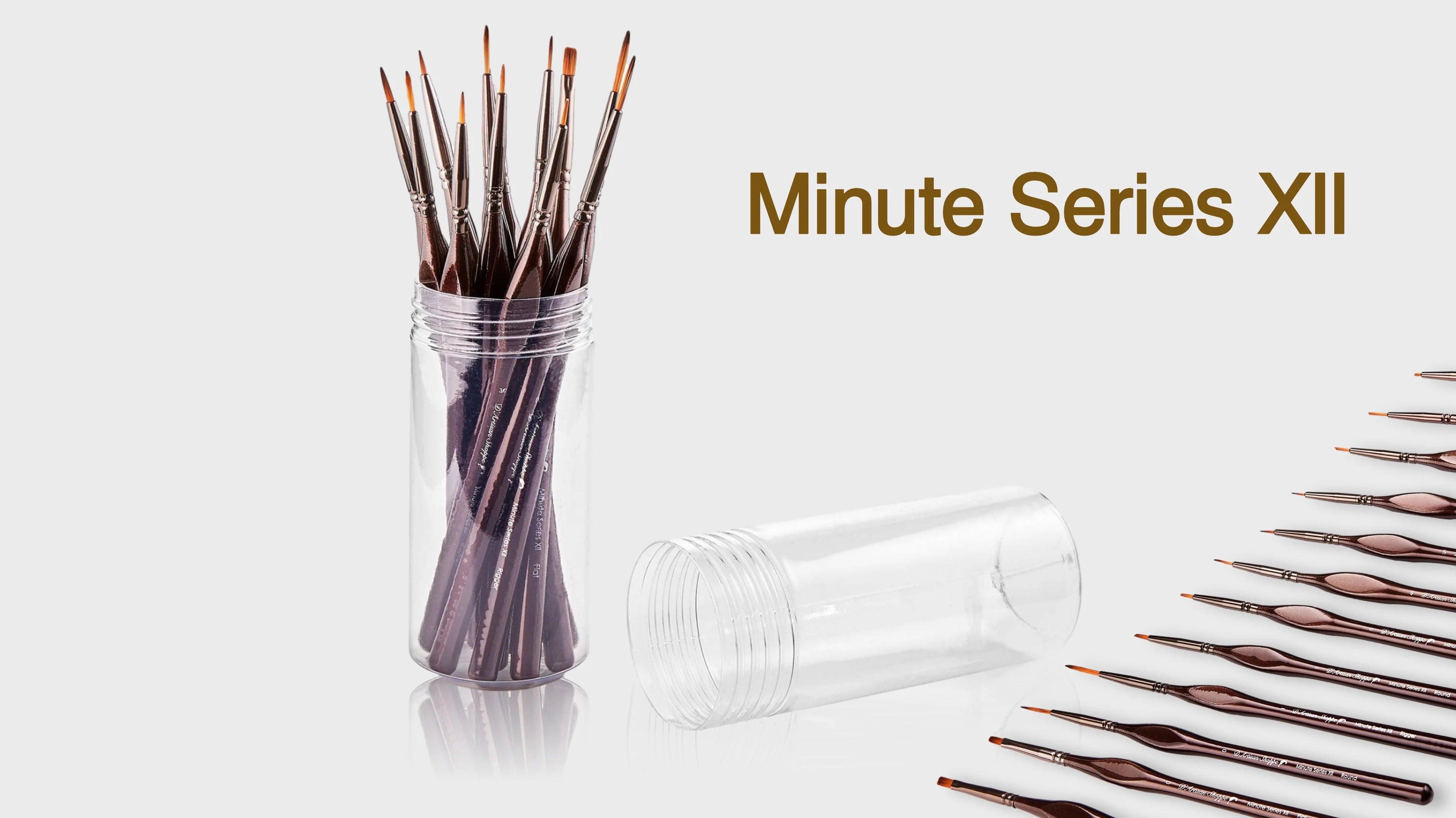 Set of miniature paintbrushes in a clear container with 'Minute Series XII' text on a white background
