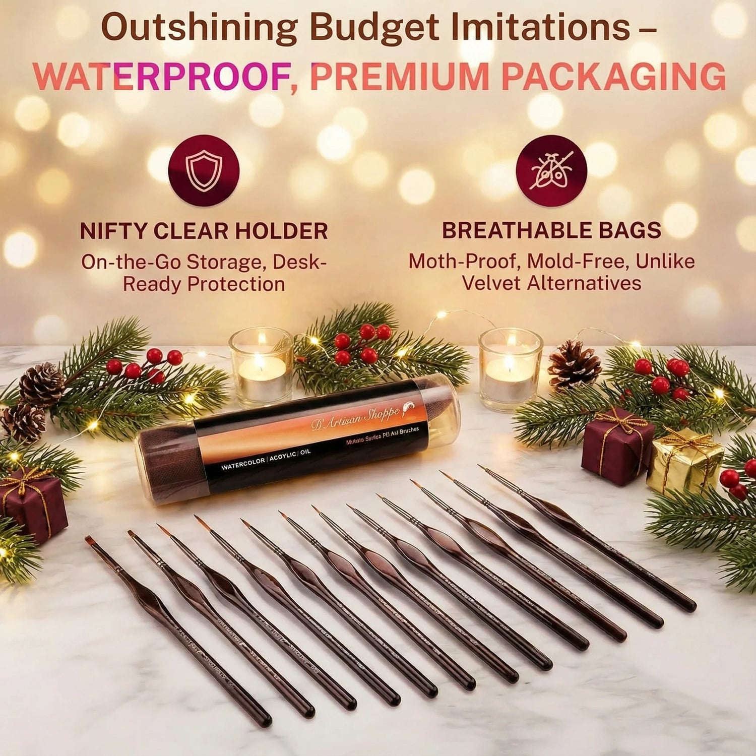 Minute Series XII brushes with a clear holder and breathable bags on a festive background.
