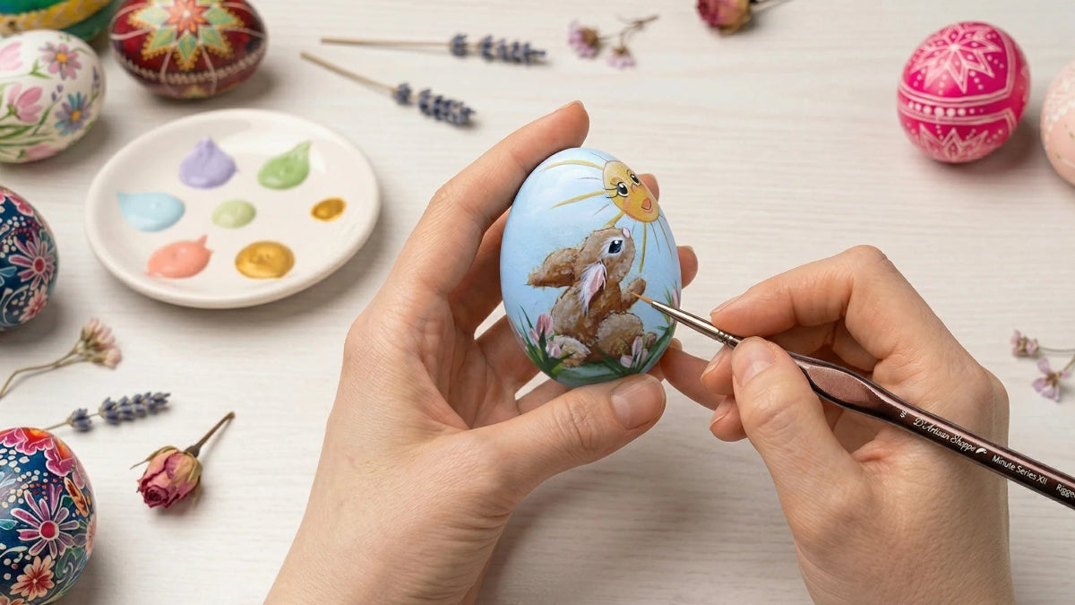 Person painting a decorative Easter egg with a bunny design on a table with other decorated eggs and flowers.