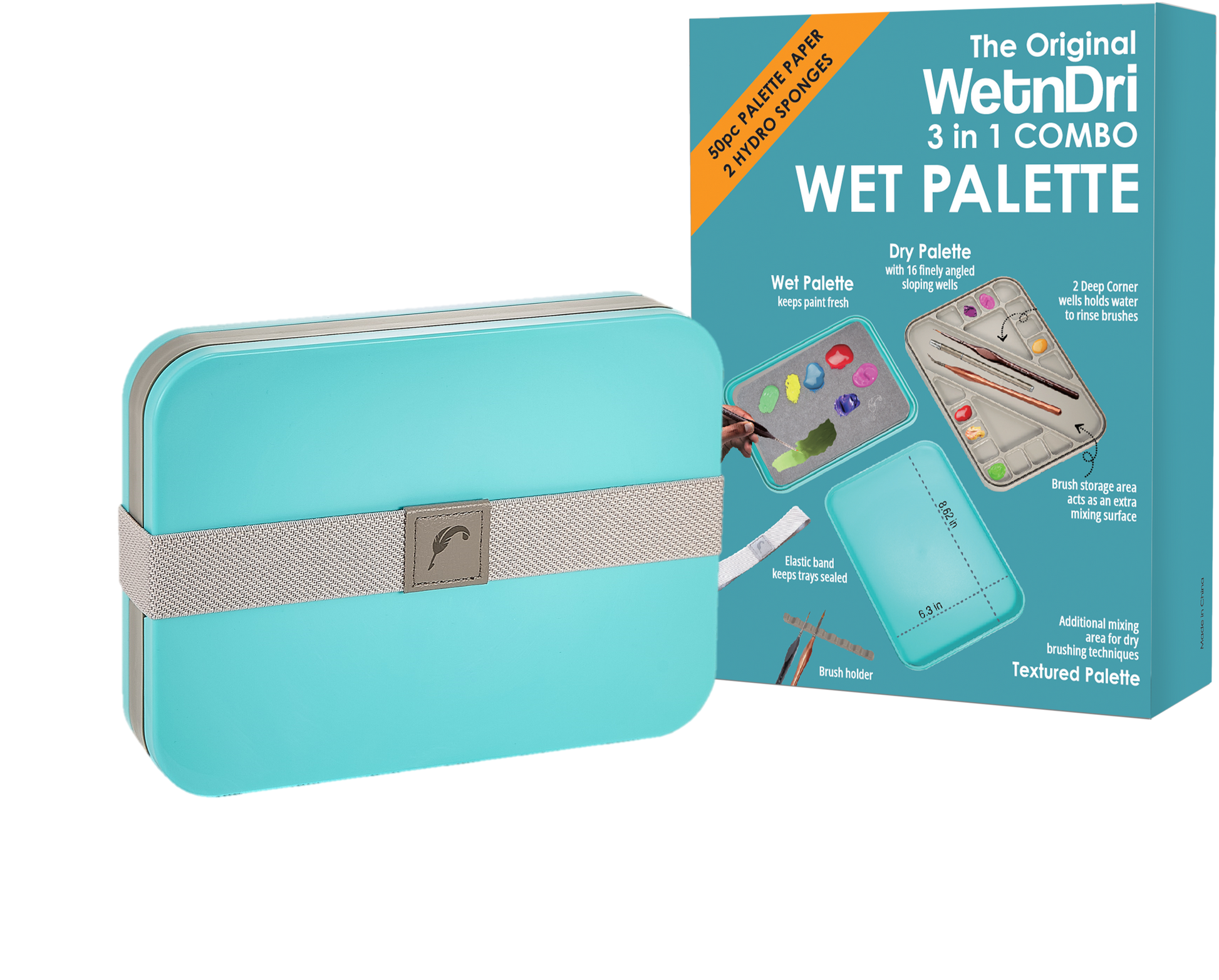 Turquoise wet palette with WetnDri packaging on a white background