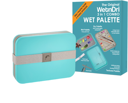 Turquoise wet palette with WetnDri packaging on a white background