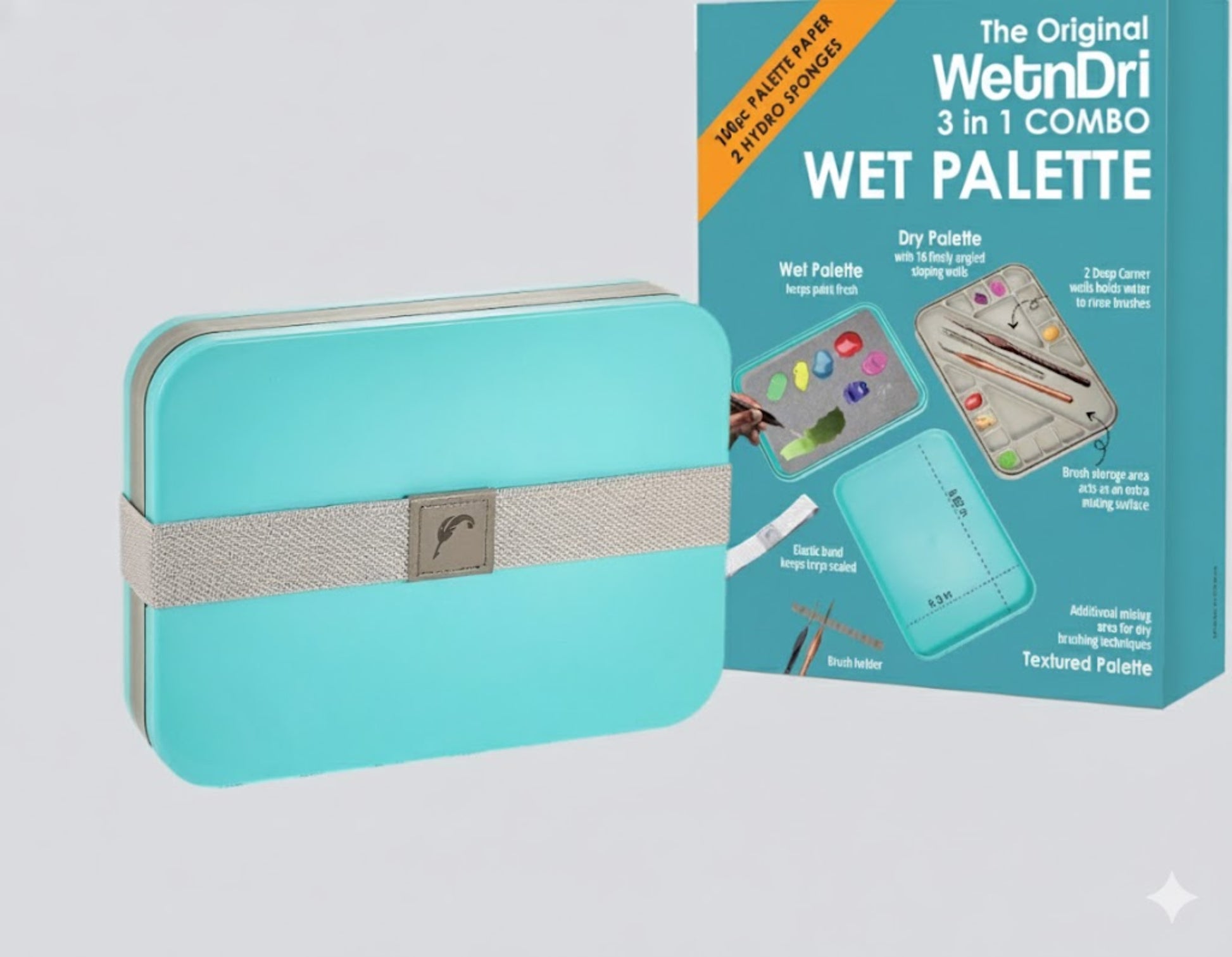 Turquoise Wet Palette with packaging on a light gray background