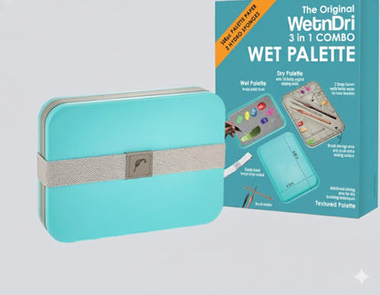 Turquoise Wet Palette with packaging on a light gray background