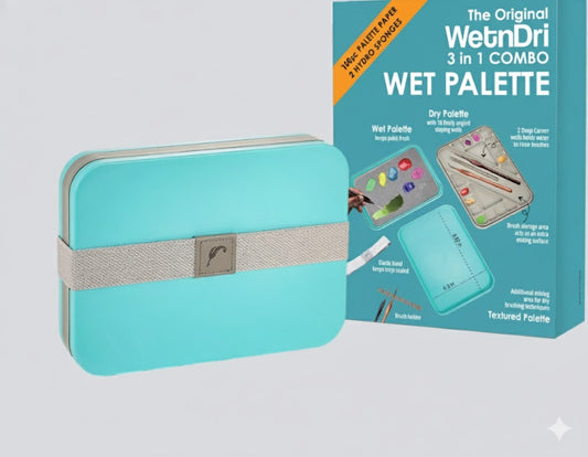 Turquoise Wet Palette with packaging on a light gray background