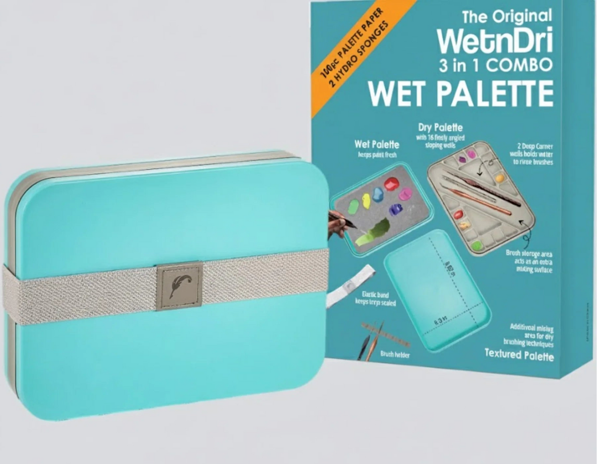Turquoise wet palette with 100 papers packaging on a light gray background