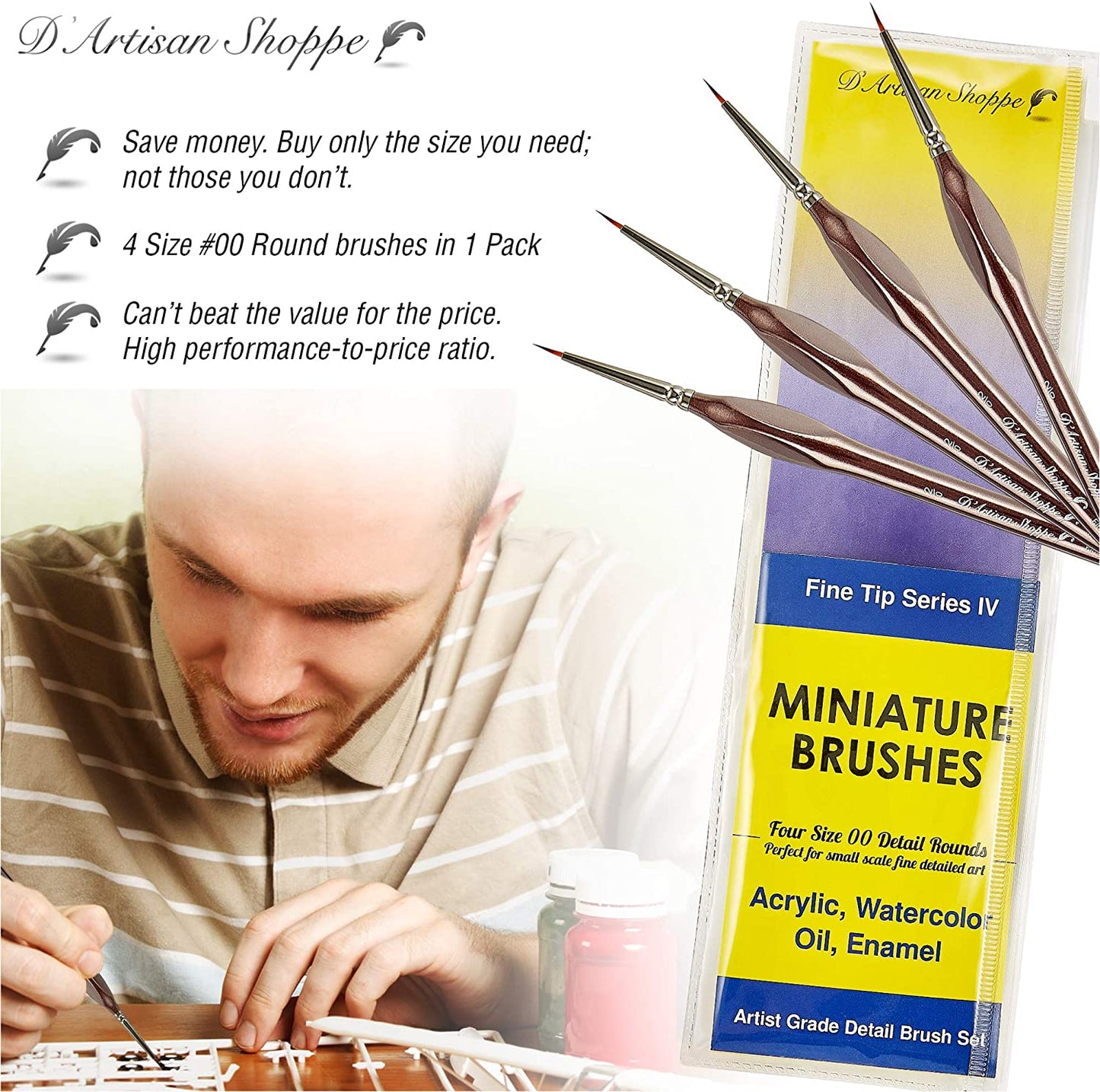 Fine Tip Round 00 (#2/0) Miniature Paint Brushes - 4pcs/set