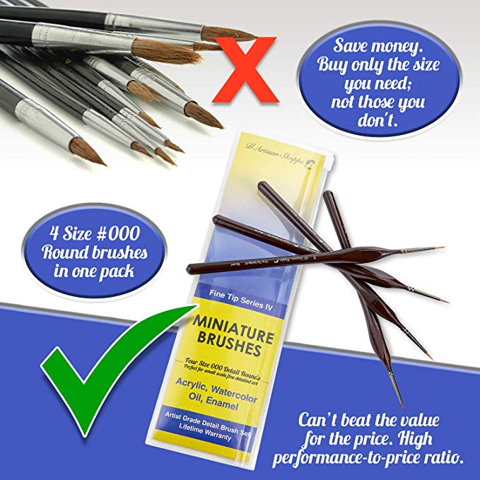 Fine Tip Round 000 (#3/0) Detail Art Paint Brushes - 4pcs/set