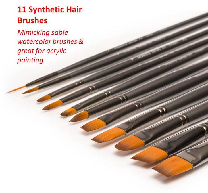 11pcs of the Maestro XV's synthetic sable brushes laying flat.