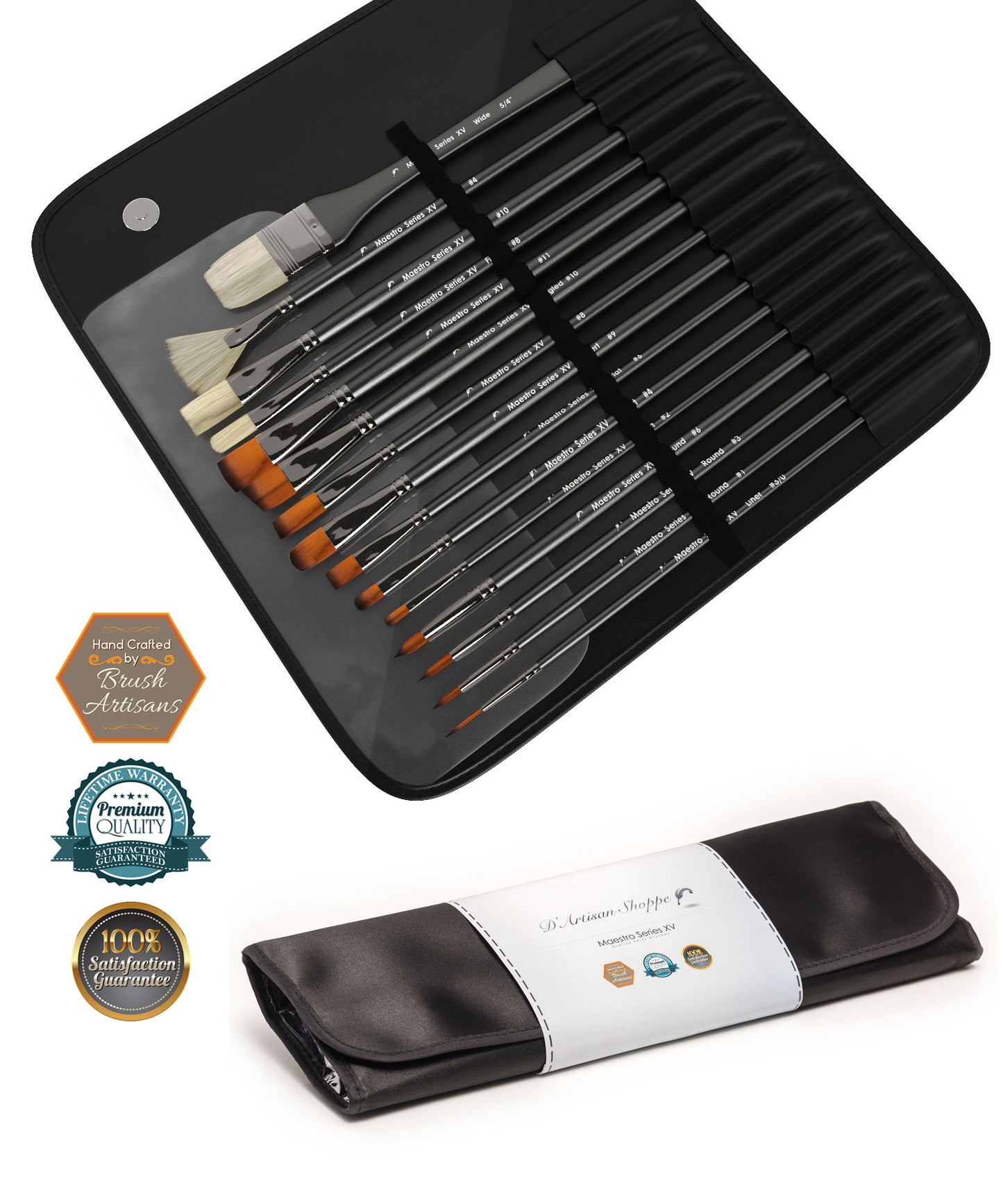 Maestro XV 15-piece artist paint brush set neatly arranged in an elegant, functional storage case