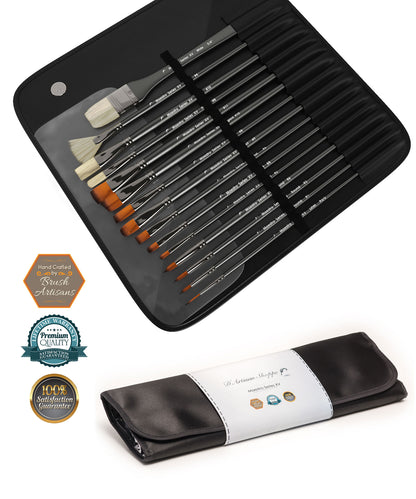 Maestro XV 15-piece artist paint brush set neatly arranged in an elegant, functional storage case
